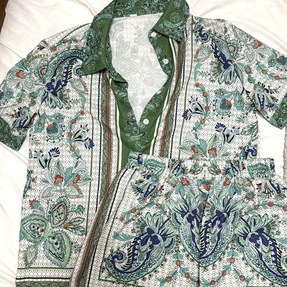 Women's Shorts Set in Green and White  Floral Print